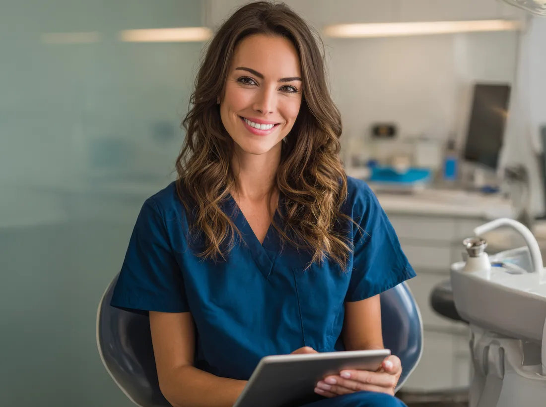 A smiling clinician holding a tablet in the treatment room